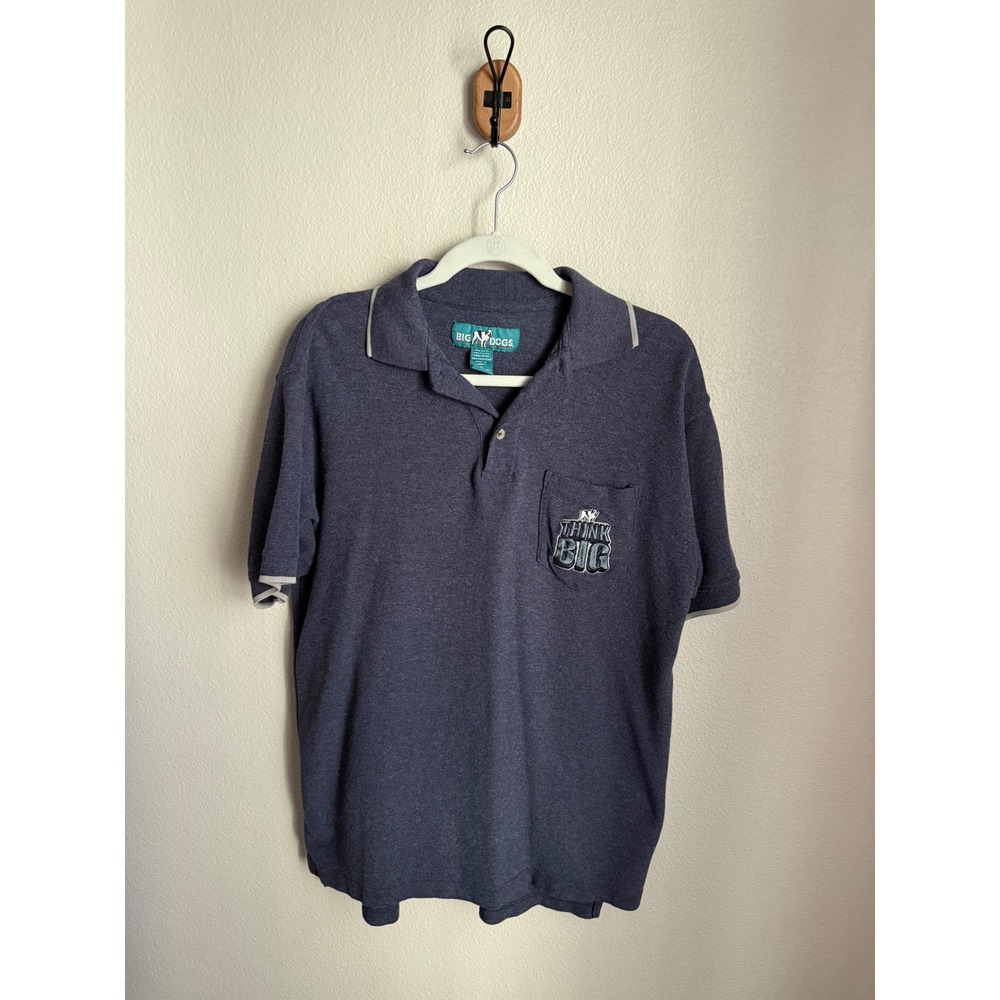 Big Dogs Polo Shirt Mens Medium Blue 'Think Big'‎ Pocket Graphic Short Slv